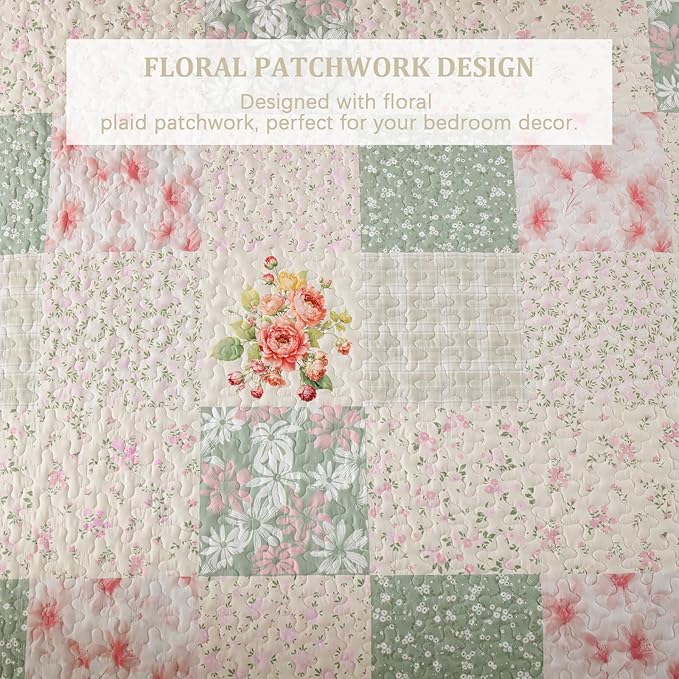 Mybedsoul Boho Quilt King Size, Patchwork Floral Bedding Set, Beige | Soft Lightweight Microfiber Floral Coverlet Set, 3 Pieces Plaid Reversible Bedspread, Bed Sets for All Seasons 90"x110"
