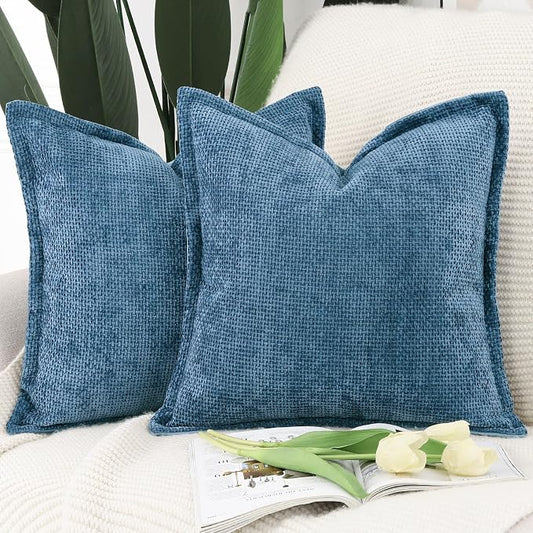 MADIZZ Decorative Chenille Velvet Throw Pillow Covers Set of 2 Soft Boho Textured Neutral Couch Throw Pillow for Bed Modern Farmhouse Home Decor for Sofa Livingroom Dark Blue 16x16 Inch