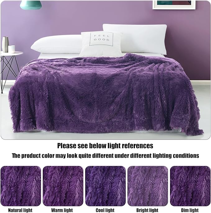 GONAAP Fuzzy Faux Fur Queen Blanket for Couch, Purple, 90"x90" | Warm Cozy Plush Shaggy Decorative Reversible Thick Non-Heated Fleece Blanket for Sofa Bed, Gift for Women Men, All Season Use