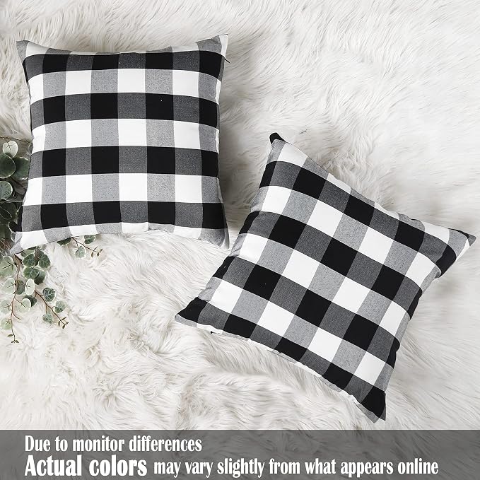 Black and White Buffalo Check Plaid Throw Pillow Covers 18x18 Set of 2 | Soft Black Couch Pillow Covers 18 x 18, Black and White Buffalo Plaid Christmas Pillow Covers Set of 2, Outdoor Porch Pillows
