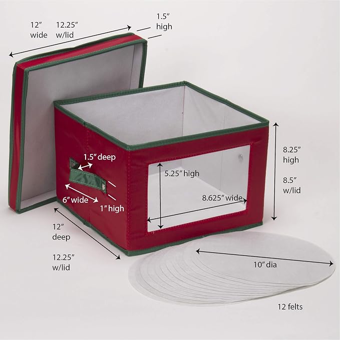 Household Essentials 536RED Holiday China Storage Chest with Lid and Handles | Dinner Plate | Red Canvas with Green Trim