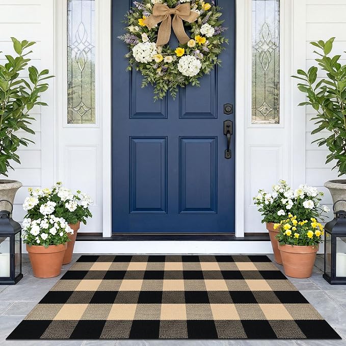 KOZYFLY Buffalo Plaid Area Rugs 2.3x3.6 Ft Front Door Mat, Brown and Black | Washable Front Door Rug, Woven Cotton Outdoor Rug, Indoor Small Rug for Front Porch Kitchen Entryway, Checkered Welcome Mat