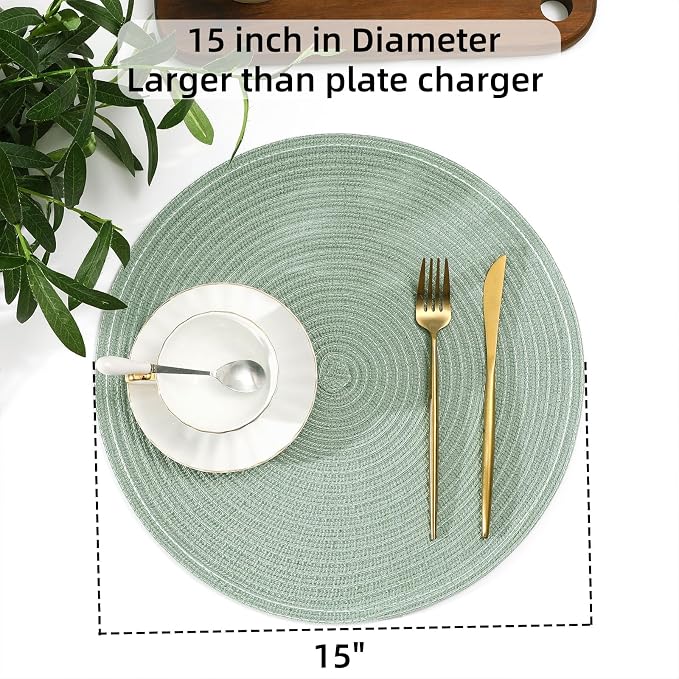SHACOS Round Placemats Set of 6 Washable 15 inch Cotton Polyester Table Mats Woven Braided Place Mats for Dining Table, Sage Green