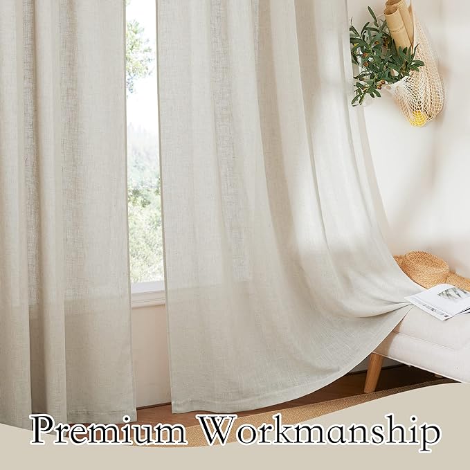 RYB HOME Linen Semi Sheer Curtains for Bedroom Living Room 84 inches Long | Light Filtering Privacy, Textured Burlap, Dining Room Sunroom Patio Door, Rod Pocket & Back Tab, W52 x L84, 2 Panels, Angora