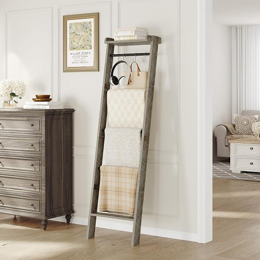 Hzuaneri Blanket Ladder Shelf, Farmhouse Ladder Holder, Blanket Organizer | 6-Tier Decorative Quilt Rack with 4 Removable Hooks 7.9" D x 17.3" W x 63.4" H, Greige BR35805B