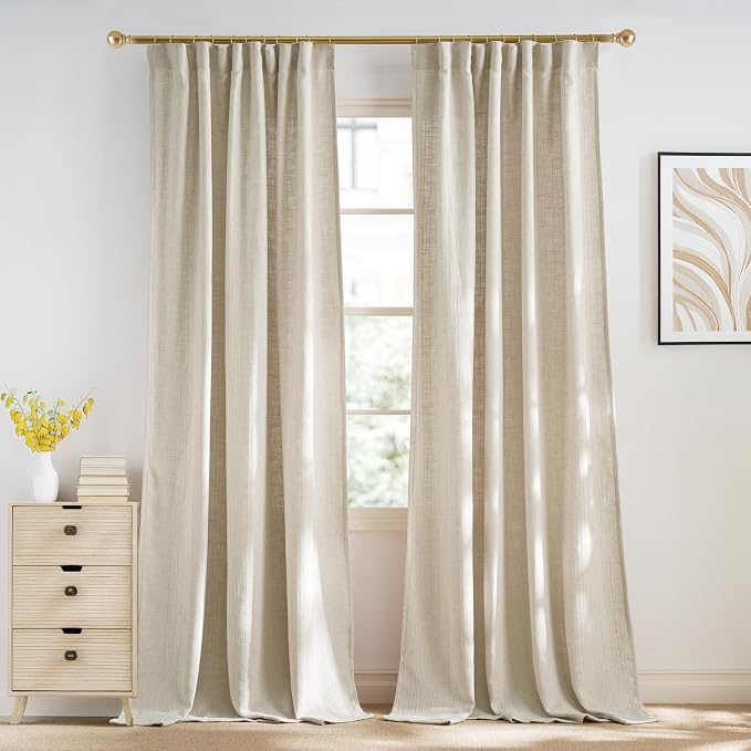 NICETOWN Jacquard Linen Farmhouse Curtains, Waffle Weave Pattern Privacy with Light Filtering Window Treatments for Bedroom, W52 x L90, 2 Panels