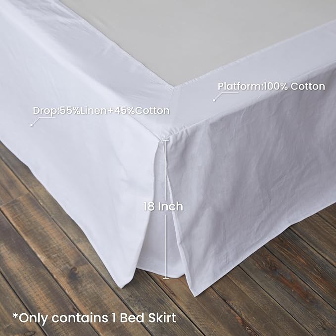 BISELINA French Linen Wrap Around Bed Skirt with Pleated Corner 18-Inch Tailored Drop Natural Flax Cotton Blend Basic Soft Cozy (18" King, White)