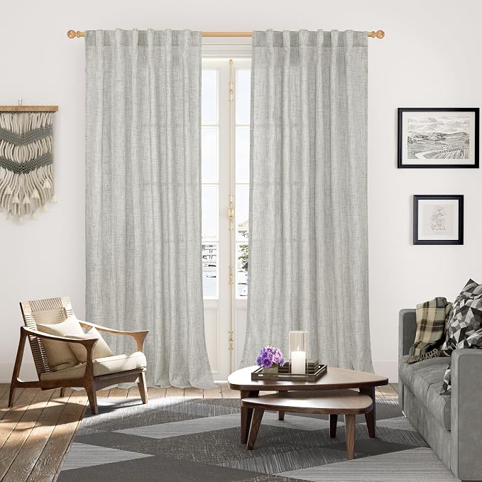 YoungsTex Linen Curtains 95 Inches Long for Living Room Light Filtering | Light Grey Semi Sheer Drapes with Rod Pocket Back Tab for Dining Bedroom Window Floor Length, 52 X 95 Inch, 2 Panels