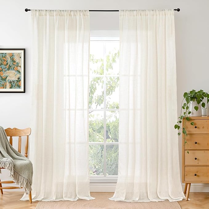 BGment 96 Inches Long Ivory Linen Curtains for Living Room 2 Panels | Semi Sheer Drapes Light Filtering with Rod Pocket Textured Lightweight Window Treatments for Bedroom, 52 X 96 Inch