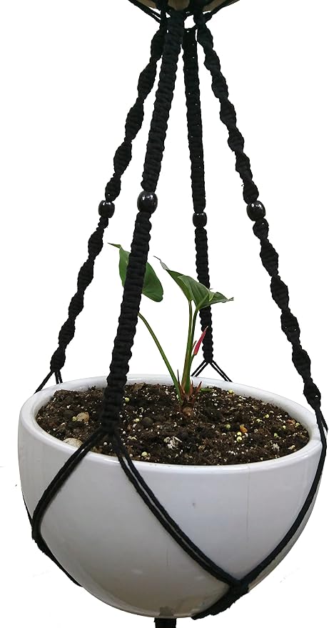 Macrame Plant Hanger & Holder, Hanging Planter 4 Legs Double Deck for 8 inch to 10 inch Two Pots Indoor Outdoor Hanging Planter Cotton Rope 67 Inch with Metal Ring (Cotton-Black)