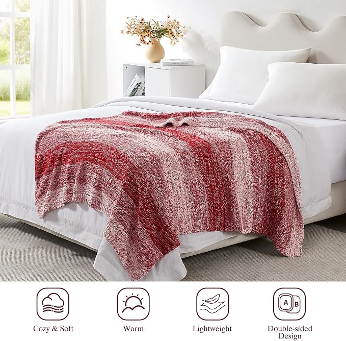 Soft Striped Throw Blanket for Couch, Cozy Warm Knitted Blankets | Lightweight Fuzzy Travel Warm Decor for Women, Mom, Girls, Sofa, Chair, 50x60in, Red Gradient
