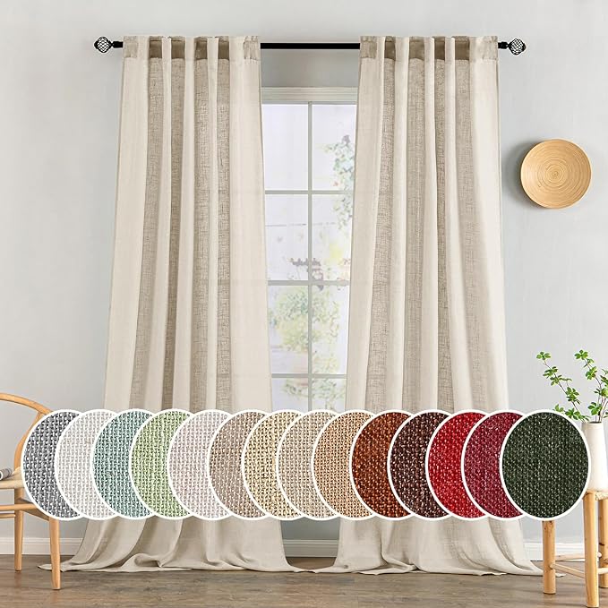 MIULEE Beige Linen Curtains 52x90 Inch 2 Panels for Bedroom Living Room | Long, Soft Linen Textured Window Drapes, Semi Sheer Light Filtering, Back Tab Rod Pocket, Farmhouse Modern Burlap Look Decor
