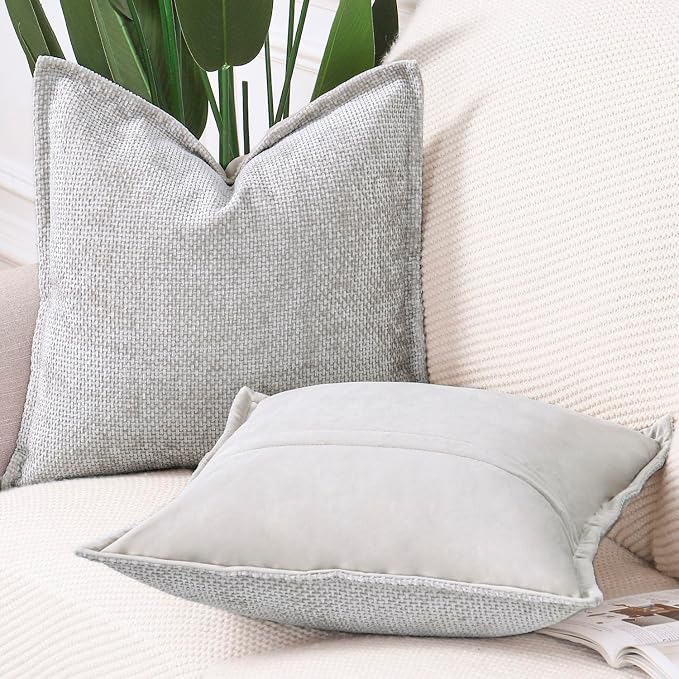 MADIZZ Decorative Chenille Velvet Throw Pillow Covers Set of 2 Soft Boho Textured Neutral Couch Throw Pillow for Bed Modern Farmhouse Home Decor for Sofa Livingroom Oatmeal 20x20 Inch