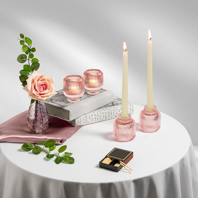 Set of 4 Pink Glass Candlesticks – Candle Sticks Holder Decor for Home or Events – Elegant Taper Candle Holders
