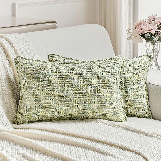 FUTEI Pack of 2 Chenille Tweed Vintage Throw Pillow Covers 12x20 Inch Soft Decorative Lumbar Pillowcase Modern Farmhouse Accent for Couch Bed Living Room, Light Green