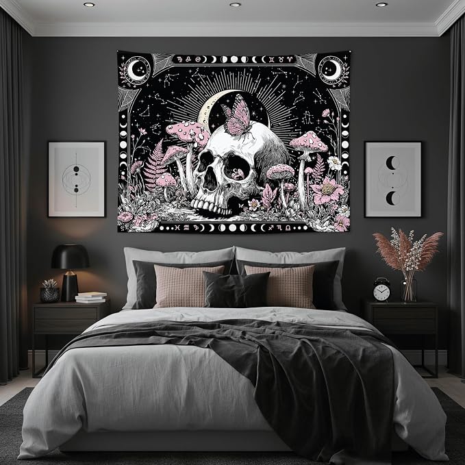 Accnicc Gothic Skull Tapestry Goth Skeleton Butterfly Mushroom Tapestries Wall Hanging Witchy Plant Floral Celestial Constellation Large Tapestry for Bedroom Living Room Dorm 80 x 60 inch