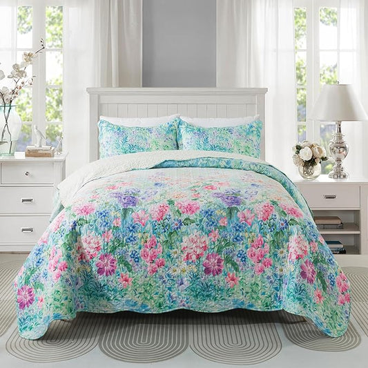 Travan Floral Quilt Set, Ultra Soft & Fade Resistant Bedding Set with 1 Quilt, 2 Shams Purple for All Season, Dream Garden - Queen
