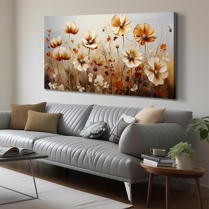 DNIEOTU Large Flower Wall Art for Living Room, Floral Canvas Wall-Decor for Bedroom, Beige and Brown Picture Prints for Hallway Office, Size 59 x 29 Inches
