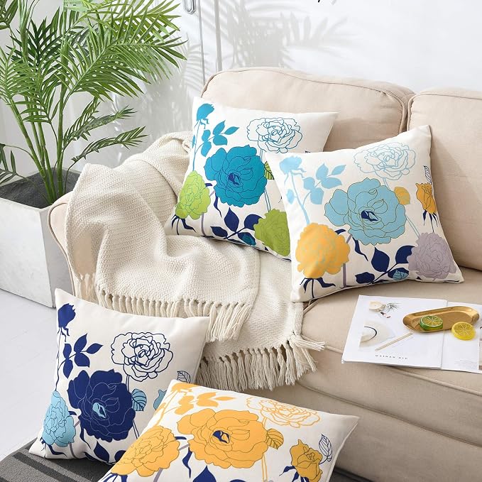 Turquoise Yellow Floral Pillow Covers 16x16 Set of 2 Cotton Linen | Durable Thick Cotton Linen Material, Soft Breathable Floral Decor, Suitable For Spring Summer Couch Bed & Outdoor Patio Porch