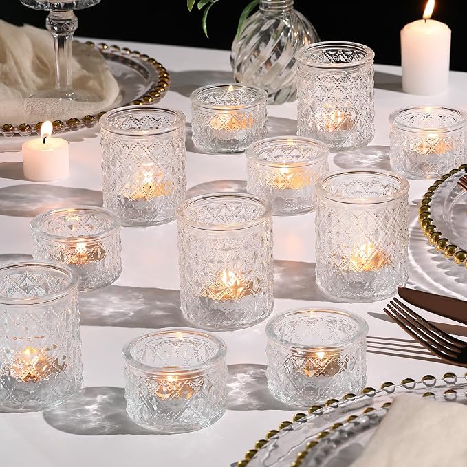 NITIME Assorted Votive Candle Holders Set of 24, Clear Glass Candle Holder in Bulk, Tea Light Holders for Wedding Table Decor, Party & Home Decoration, Fits Standard Votives & Tea Lights