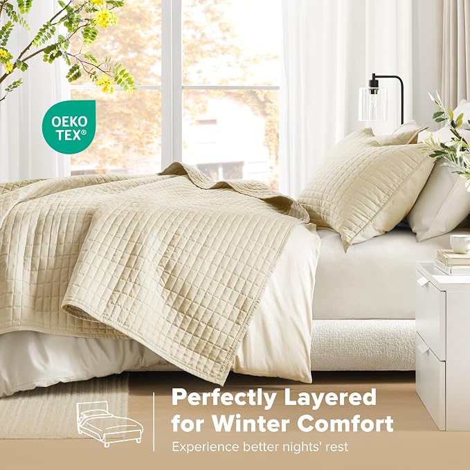 Comfort Spaces Kienna Queen Quilt Bedding Set 3 Piece, 90"x90" Ivory | Soft Cozy Lightweight Summer Coverlet Full Size, Quilted Bedspreads Extra Layer, Modern Casual Bedroom Decor, OEKO-TEX