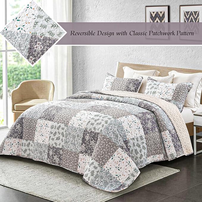 Whale Flotilla Patchwork Quilts Twin Size, Extra Soft Floral Bedspreads | Grey Reversible Lightweight Twin Quilt Bedding Set for Bed, Printed Coverlets with 1 Pillow Sham for All Seasons