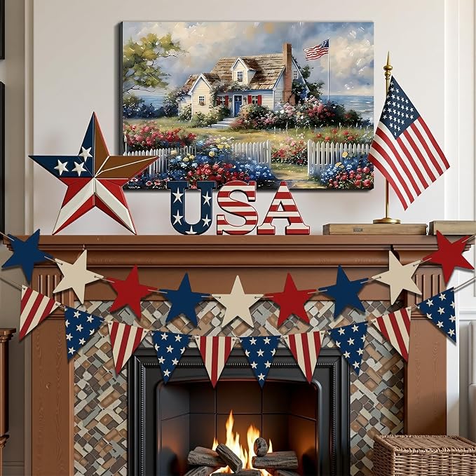 Framed American Flag Coastal Cottage Wall Art, Patriotic Seaside House Canvas Art Pictures, USA Flag Floral Garden Wall Decor, Made in USA Ready to Hang for Living Room Entryway