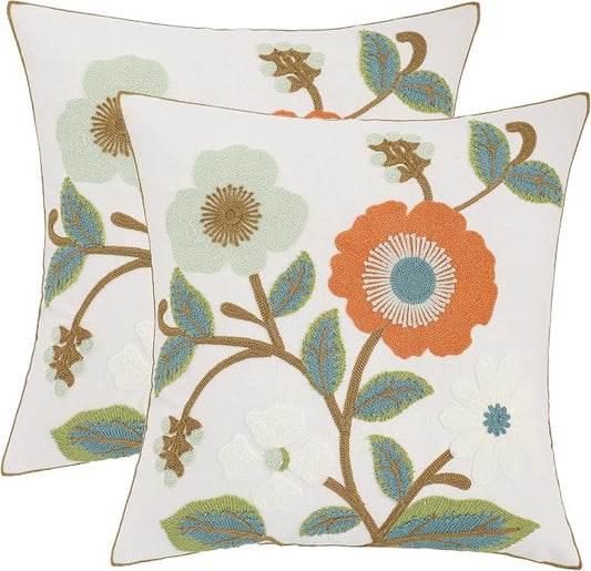 Embroidered Throw Pillow Covers 18x18 Pack of 2 Green and Orange Pillow Covers Flowers with Leaves Pillow Cushion Case Summer Decorative Farmhouse Pillowcases Square Rustic Floral Pillow Case