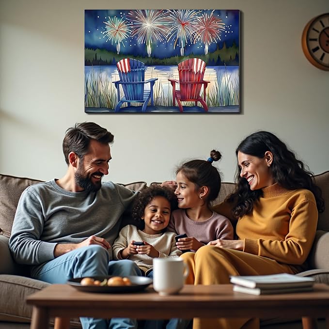 Framed 4th of July Fireworks Adirondack Chair Wall Art, Patriotic Lake Canvas Art Pictures, USA Flag Wall Decor, Made in USA Ready to Hang for Living Room Porch