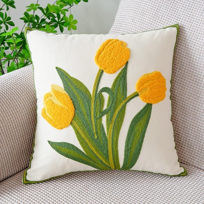 vctops Farmhouse Tulip Cotton Tufted Throw Pillow Cover Spring Floral Embroidery Pillowcase Soft Square Cushion Case for Sofa Couch Bed Chair (Yellow,18"x18")