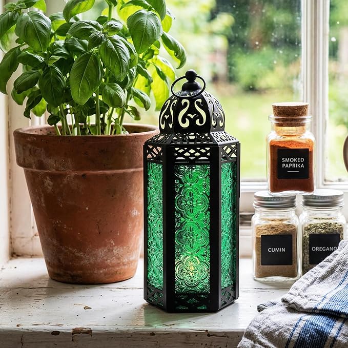Vela Lanterns Decorative Indoor Moroccan Candle Holder, Green, M | Emerald Green Glass Decor, Ramadan Lantern, Turkish Votive Pillar Lamp, Whimsigoth Witch Tealight Holder, 10.5in Tall