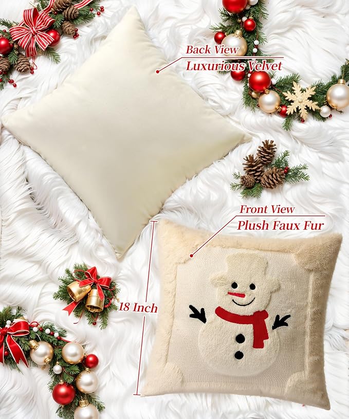Christmas Pillow Covers Set of 2 Soft Plush Faux Fur Pillow Cases 3D Embroidered Decorative Couch Cover Home Decor Christmas Throw Pillow Covers 18x18,Beige Snowman