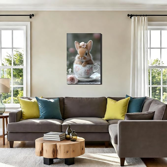 Bunny in a Teacup Easter Framed Canvas Wall Art, Cute Rabbit Pictures Prints for Kitchen, Bright Spring Canvas Art & Holiday Home Office Wall Decoration, Ready to Hang, 8x12