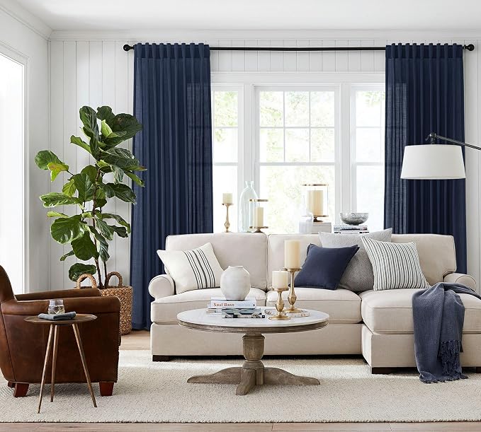 Jowels Navy Linen Curtains 95 Inch Long 2 Panels for Living Room | Navy Blue Light Filtering Semi Sheer Curtain,Back Tab Pocket Pleated Look,Boho Textured Privacy Drapes for Bedroom Window