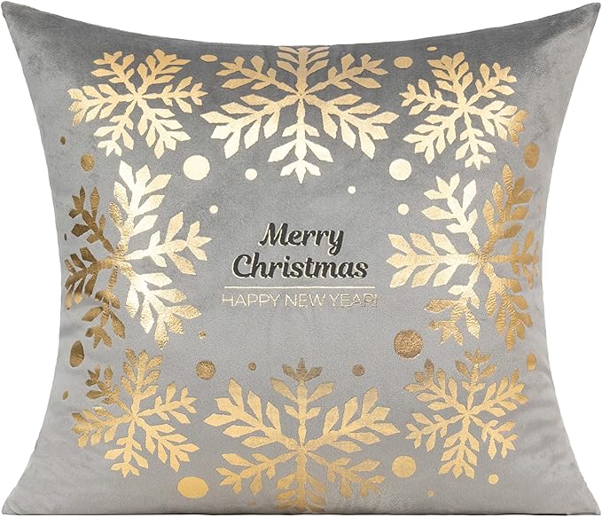 All Smiles Gray Gold Christmas Decorations Throw Pillow Covers Cases 18X18 Set of 4 Winter Xmas Indoor Home Holiday Décor Ornaments Velvet Navidad Cushion for Sofa Tree Snowflake Reindeer