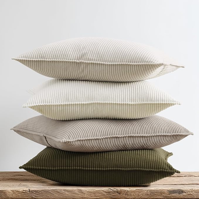 Pack of 4 Throw Pillow Covers Corduroy 16x16 Inch,Natural | Decorative Velvet Couch,Summer Cases Square,Farmhouse Boho Cushion Covers for Sofa Bed Living Room Home Decor & Office