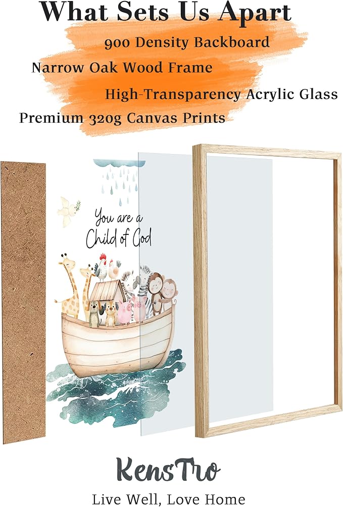 KensTro 12x16 Oak Framed Noah's Ark Child of God Wall Art | Natural Oak Wood Frame with Noah's Ark Animals and Child of God Message for Bedroom, Hallway, Office or Prayer Space
