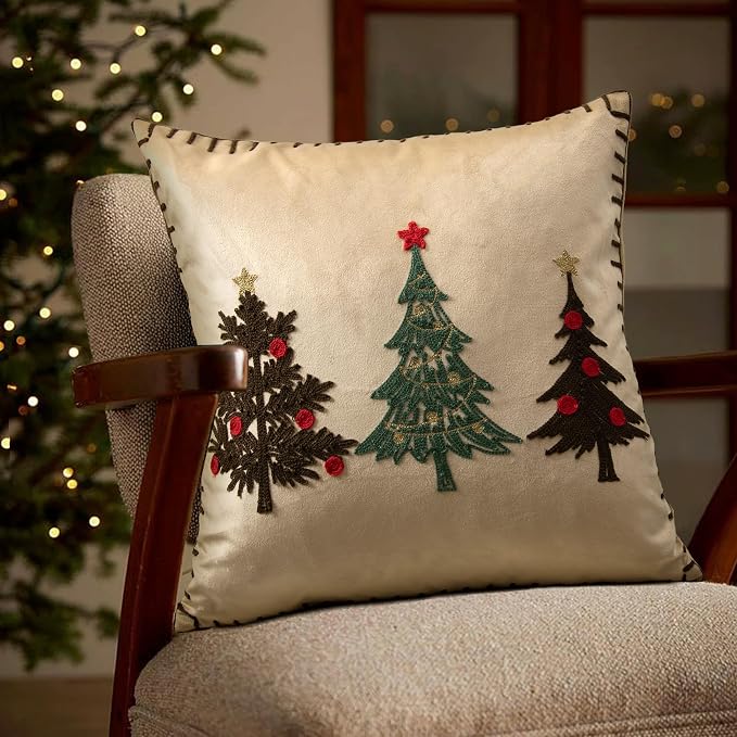 Christmas Tree Pillow Covers 18x18 Inch Gold Embroidered Tree Throw Pillows for Holiday Decorations - Cushions for Couch, Sofa, Bed, Living Room, Bedroom