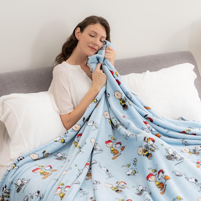 Berkshire Blanket Peanuts® VelvetLoft® Cute Character Snoopy Plush Blanket,Snoopy the Athlete Closed in Blue,Full/Queen 90 in x 90 in (Official Peanuts® Product)