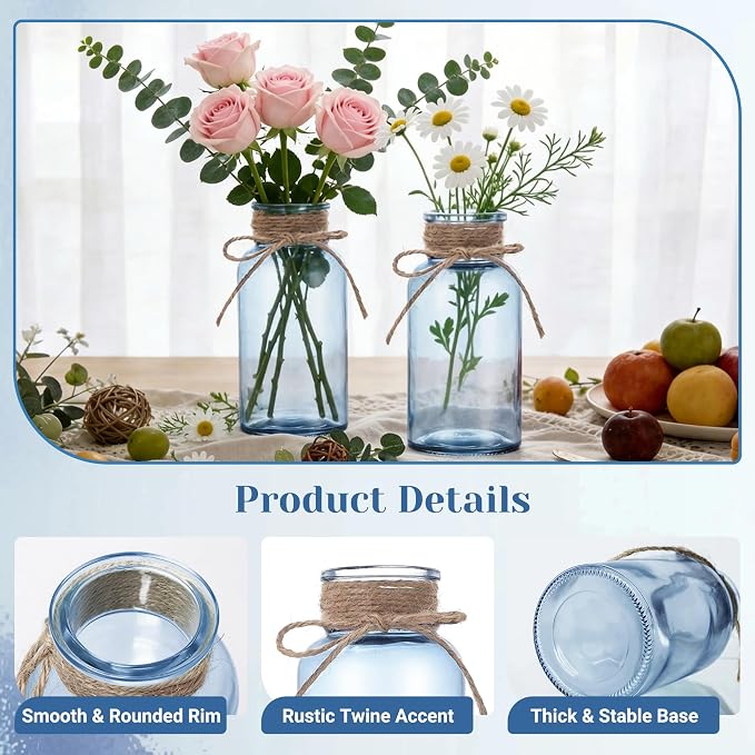 Mason Jar Glass Vases 12 Pack, Blue Flower Vase for Centerpieces | Rustic Farmhouse Home Decor, Bud Vase with Twine, Wedding Table Decoration, Boho Floral Arrangement, Vintage Jars Bulk