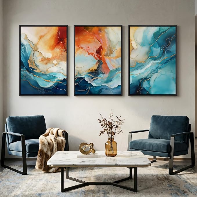 Large Framed Blue Orange Abstract Wall Art for Living Room, 3 Piece 24x36 | Bright colorful pictures, Canvas prints, Modern paintings, Artwork for walls, Wall decor for bedroom dining room hallway