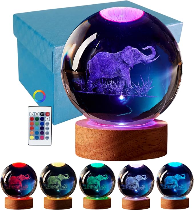 3D Elephant Crystal Ball Lamp, Upgraded 3.15 Inch Elephant Crystal Ball Night Light with 16 Colors LED Wooden Base, Remote Control, Gift Box Packaging, Home Decor Gift for Friends (Elephant)