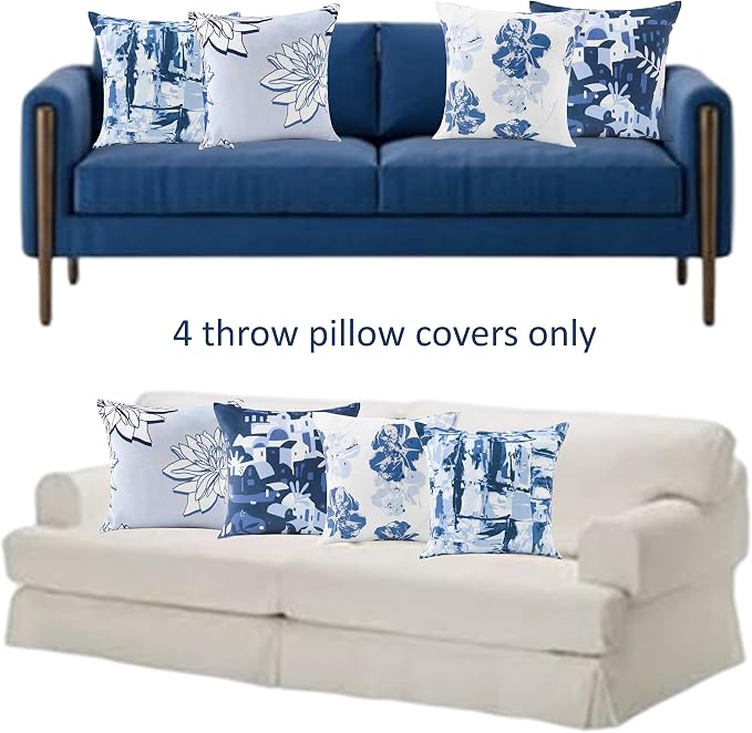 Blue Throw Pillows Cover 18x18 Cushion Cover. Set of 4 Super Soft Velvet New Living Natural Double-Sided Decorative Pillow Covers for Home Decor No Inserts