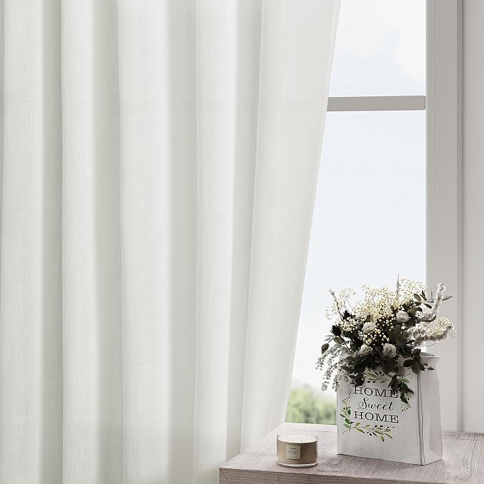 Off White Cafe Curtains 45 Inch Length Set 2 Panel Back Tab Pocket Semi Sheer Short Linen White Curtain Tiers for Small Bathroom Window Basement 52x45