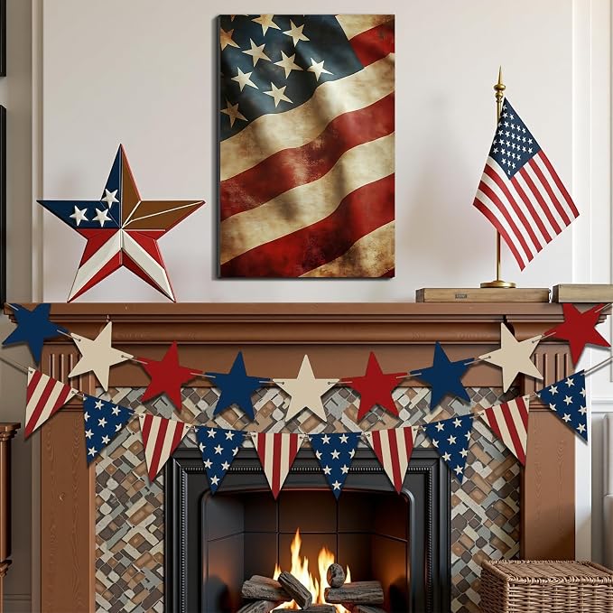 Framed Vintage Distressed American Flag Wall Art, Patriotic Rustic Canvas Art Pictures, USA Flag Wall Decor, Made in USA Ready to Hang for Living Room Garage