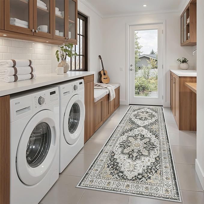 Madane Washable Runner Rug 2x6 Runners for Hallways Non Slip, Black | Vintage Stain-Resistant 6 Feet Kitchen Rug, Soft Low-Pile Ultra-Thin Floor Carpet Mat for Bathroom Laundry Room Bedroom 2x6ft