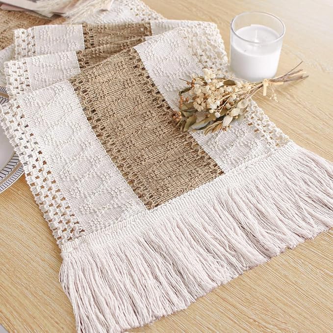 FEXIA Boho Table Runner for Fall Home Decor 12x72 Burlap with Tassels | 72 Inches Long Farmhouse Kitchen Dining Room Macrame Burlap Coffee Table Decoration Dresser Runner Pottery Barn Furniture
