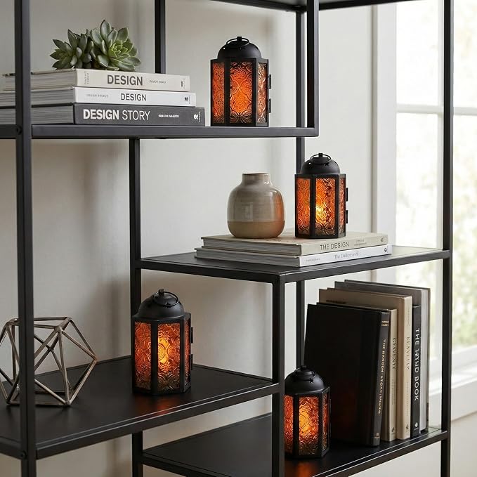 Mini Halloween Tea Light Candle Holder Centerpieces – 4.25" Small Decorative Moroccan Lantern for Table or Hanging, Metal with Glass Panels – Ramadan, Wedding, Home Decor, Amber Orange (Set of 4)