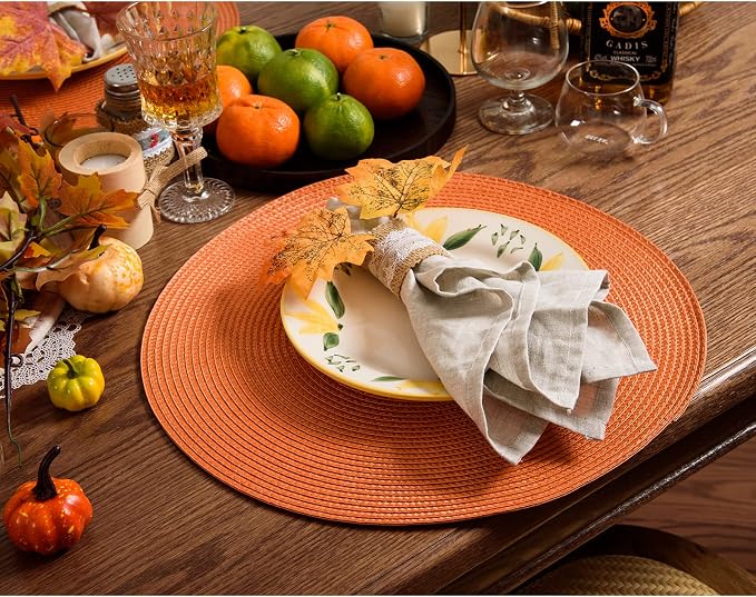 AHHFSMEI Round Placemats Set of 6 Heat Resistant Washable Non-Slip Woven Braided Table Mats for Dining Table Kitchen & Home Decor (Orange)