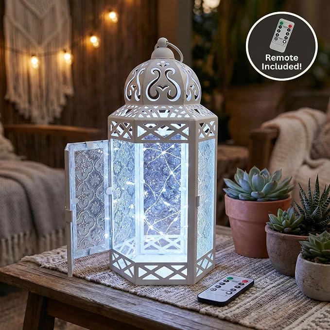 Vela Lanterns Decorative Indoor White Fairy Light Wedding Candle Holder, L | Fantasy Moroccan Decor, Ramadan & Eid Table Centerpieces, Metal Hanging Flameless LED Lamp, Outdoor Porch Patio, 12" Tall